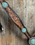 Two Tone Floral Turquoise & Clear One Ear / Browband Breastcollar Tack Set