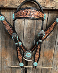 Two Tone Floral Turquoise & Clear One Ear / Browband Breastcollar Tack Set
