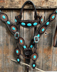 Dark Oil Floral Copper Dot Turquoise Cabochon Browband / Breastcollar Tack Set