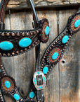 Dark Oil Floral Copper Dot Turquoise Cabochon Browband / Breastcollar Tack Set