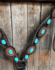 Dark Oil Floral Copper Dot Turquoise Cabochon Browband / Breastcollar Tack Set