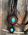 Dark Oil Floral Copper Dot Turquoise Cabochon Browband / Breastcollar Tack Set