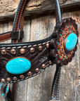 Dark Oil Floral Copper Dot Turquoise Cabochon Browband / Breastcollar Tack Set