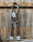 Dark Oil Buckstitch White Floral One Ear & Breastcollar Tack Set
