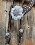 Dark Oil Buckstitch White Floral One Ear & Breastcollar Tack Set