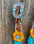 White Whipstitch Yellow and Turquoise Browband/One Ear Headstall & Breastcollar Tack Set