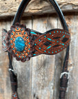 Dark Oil Hand Painted Blue Rosettes Browband/ Breastcollar Tack Set
