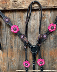 Black Basketweave Pink and Purple Browband/One Ear Tack Set