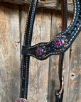 Black Basketweave Pink and Purple Browband/One Ear Tack Set