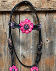 Black Basketweave Pink and Purple Browband/One Ear Tack Set