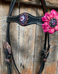 Black Basketweave Pink and Purple Browband/One Ear Tack Set