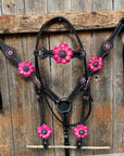 Black Basketweave Pink and Purple Browband/One Ear Tack Set