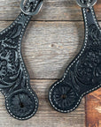 Black Floral Tooled Spur Straps