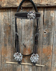Dark Oil Silver Dot Flowers and Skulls Browband / One Ear Tack Set