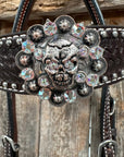 Dark Oil Silver Dot Flowers and Skulls Browband / One Ear Tack Set