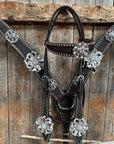 Dark Oil Silver Dot Flowers and Skulls Browband / One Ear Tack Set
