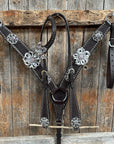 Dark Oil Silver Dot Flowers and Skulls Browband / One Ear Tack Set