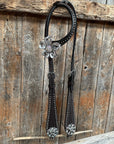 Dark Oil Silver Dot Flowers and Skulls Browband / One Ear Tack Set
