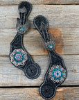 Black Floral Spur Straps - Antique Silver Crystal Conchos