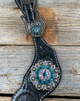 Black Floral Spur Straps - Antique Silver Crystal Conchos