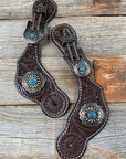 Dark Floral Spur Straps - Antique Silver Western Conchos