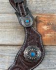 Dark Floral Spur Straps - Antique Silver Western Conchos