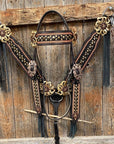 Two Tone Leather - Brass Studded Gold Browband / Breastcollar Tack Set