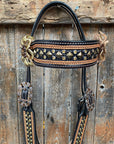 Two Tone Leather - Brass Studded Gold Browband / Breastcollar Tack Set