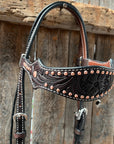 Dark Oil Floral Tooled with Copper Dots Browband Headstall / Bridle