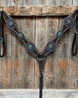 Dark Oil Buckstitch Capri/Fire Opal/Teal Browband/One Ear Tack Set with Wither Strap