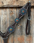 Dark Oil Buckstitch Capri/Fire Opal/Teal Browband/One Ear Tack Set with Wither Strap