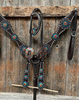 Dark Oil Buckstitch Capri/Fire Opal/Teal Browband/One Ear Tack Set with Wither Strap