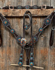 Dark Oil Buckstitch Capri/Fire Opal/Teal Browband/One Ear Tack Set with Wither Strap