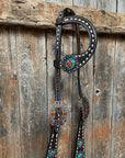 Dark Oil Buckstitch Capri/Fire Opal/Teal Browband/One Ear Tack Set with Wither Strap