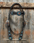 Dark Oil Buckstitch Capri/Fire Opal/Teal Browband/One Ear Tack Set with Wither Strap