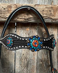 Dark Oil Buckstitch Capri/Fire Opal/Teal Browband/One Ear Tack Set with Wither Strap