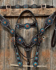 Dark Oil Buckstitch Capri/Fire Opal/Teal Browband/One Ear Tack Set with Wither Strap