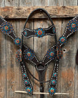Dark Oil Buckstitch Capri/Fire Opal/Teal Browband/One Ear Tack Set with Wither Strap