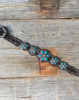 Dark Floral Turquoise Browband/One Ear Tack Set with Wither Strap