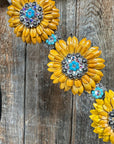 White Leather Turquoise Sunflower One Ear/ Breastcollar Tack Set