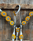 White Leather Turquoise Sunflower One Ear/ Breastcollar Tack Set