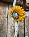White Leather Turquoise Sunflower One Ear/ Breastcollar Tack Set