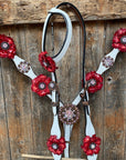 White Leather AB and Gardenias One Ear Tack Set with Wither Strap