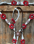 White Leather AB and Gardenias One Ear Tack Set with Wither Strap