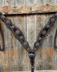 Dark Oil Copper Dot Floral with Turquoise Browband/One Ear Tack Set