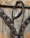 Dark Oil Copper Dot Floral with Turquoise Browband/One Ear Tack Set