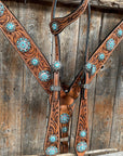 Light Oil Buckaroo Roper Turquoise and AB One Ear & Breastcollar Tack Set