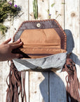 Aztec Cowhide Brown Tooled Crossbody Fringe