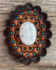 Leather Rosette Dark Oil Edges with White Cabochon Western Concho R104CABWT
