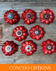 Red Carnations Leather Flowers - 1" Crystal Conchos - Options